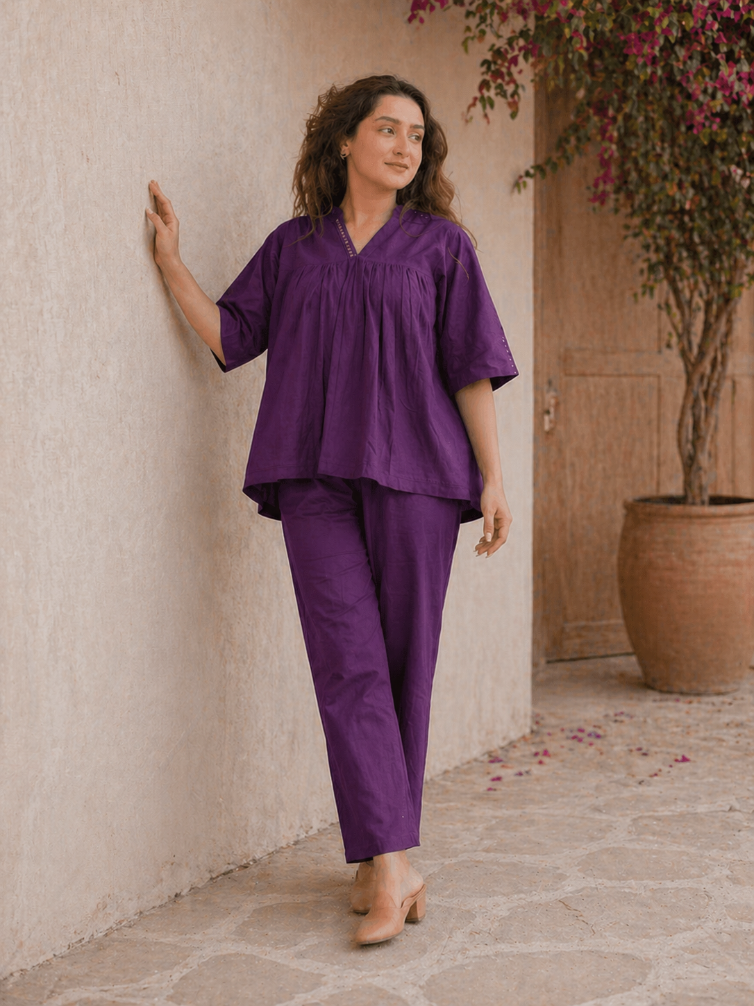 Deep Plum Cotton Gathered Kurta Set with Ladder Lace Detailing