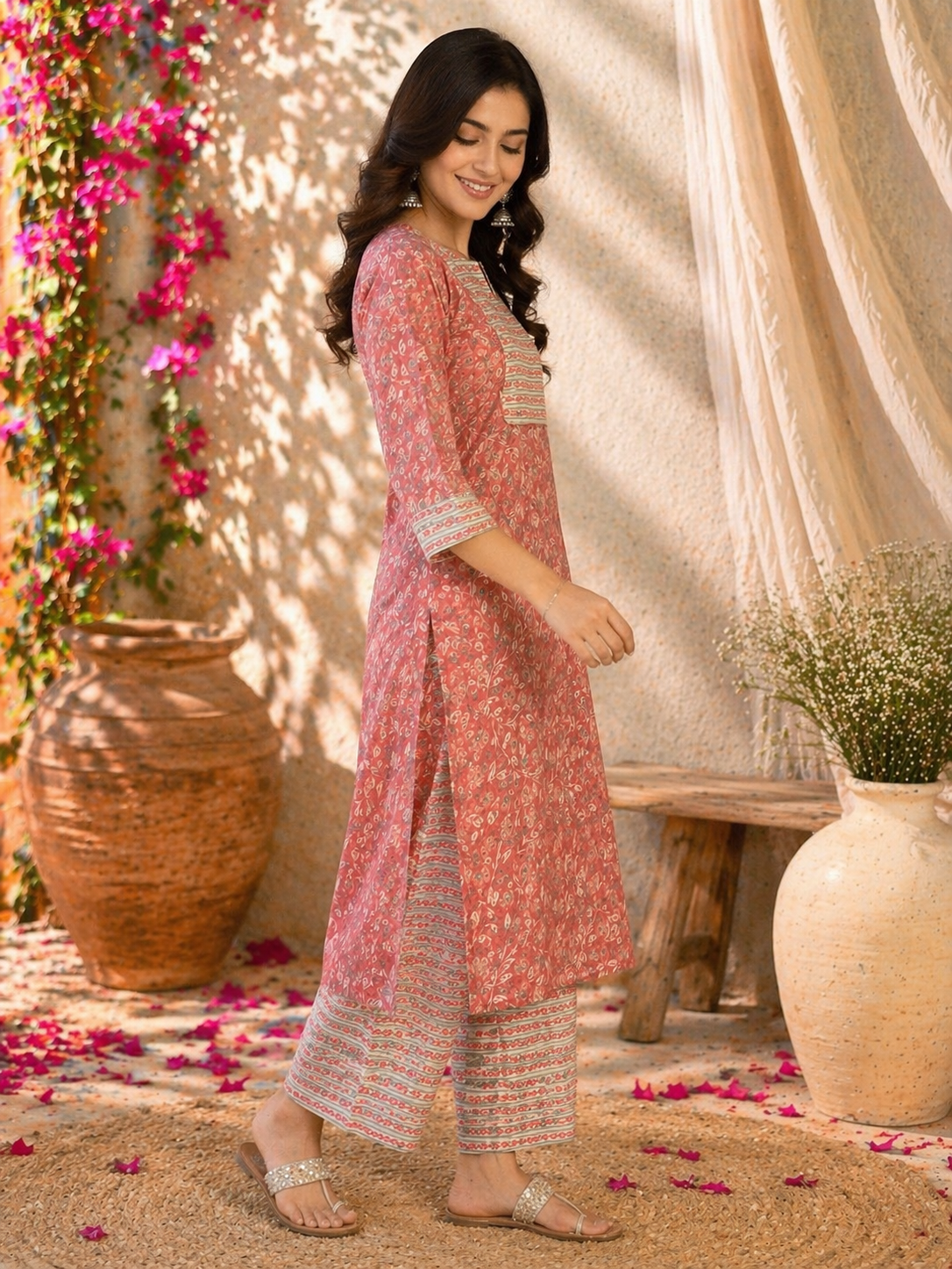 Rayon Printed Straight Kurta Pant Set- Peach