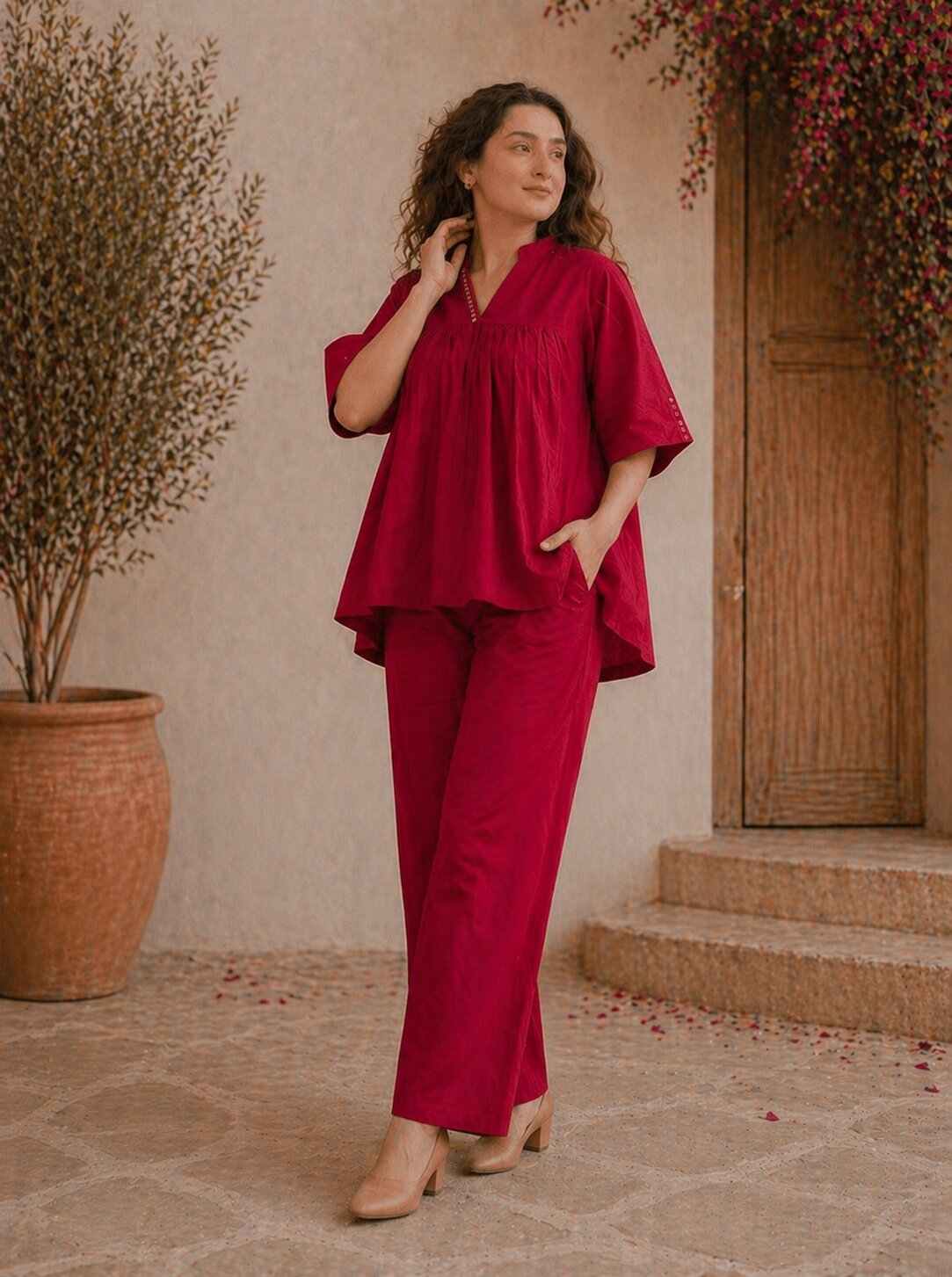 Romantic Florals Cotton Solid Top with Trousers
