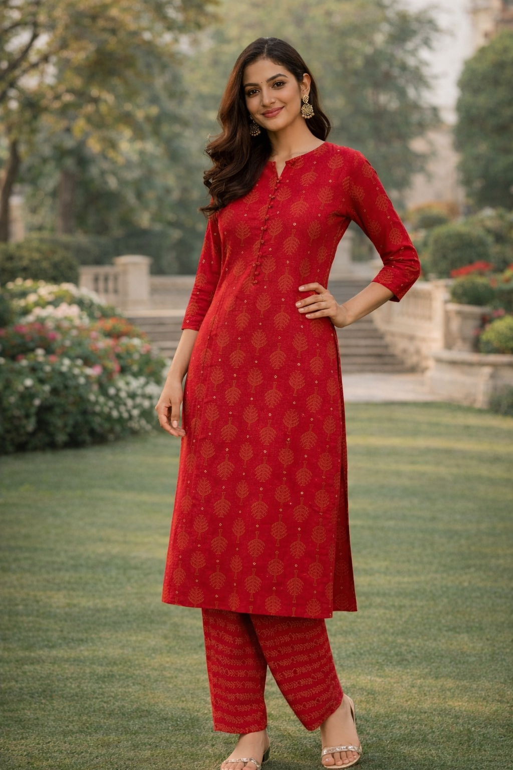 Muslin Printed Straight Kurta Pant Set -Maroon