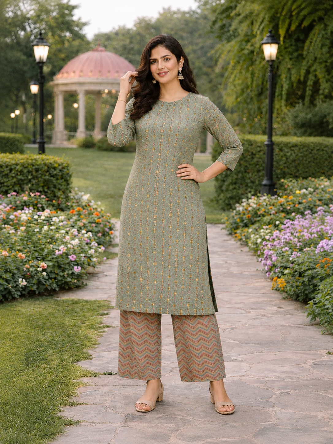 Muslin Printed Straight Kurta Pant Set - Mint Green