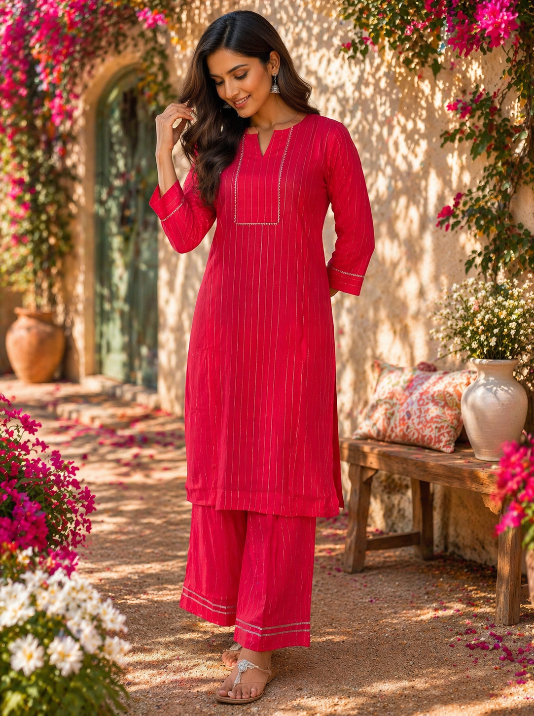Rayon Printed Straight Kurta Pant Set- Red
