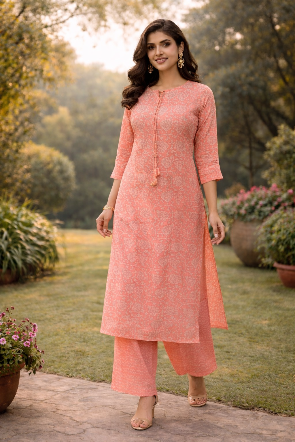 Muslin Printed Straight Kurta Pant Set -Light Orange