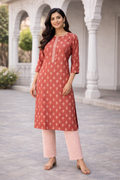 Rayon Printed Straight Kurta Pant Set- Kalki Maroon