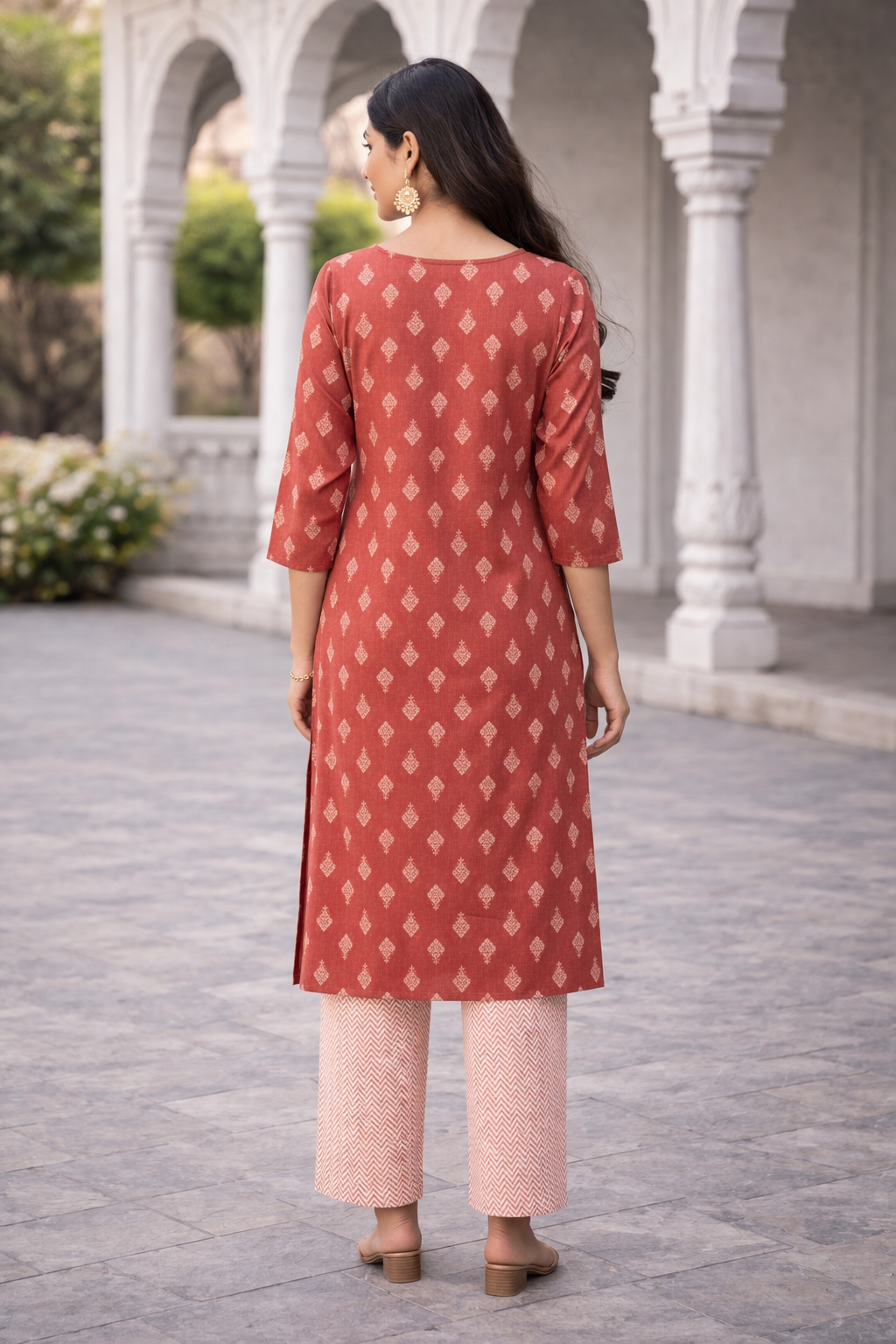 Rayon Printed Straight Kurta Pant Set- Kalki Maroon