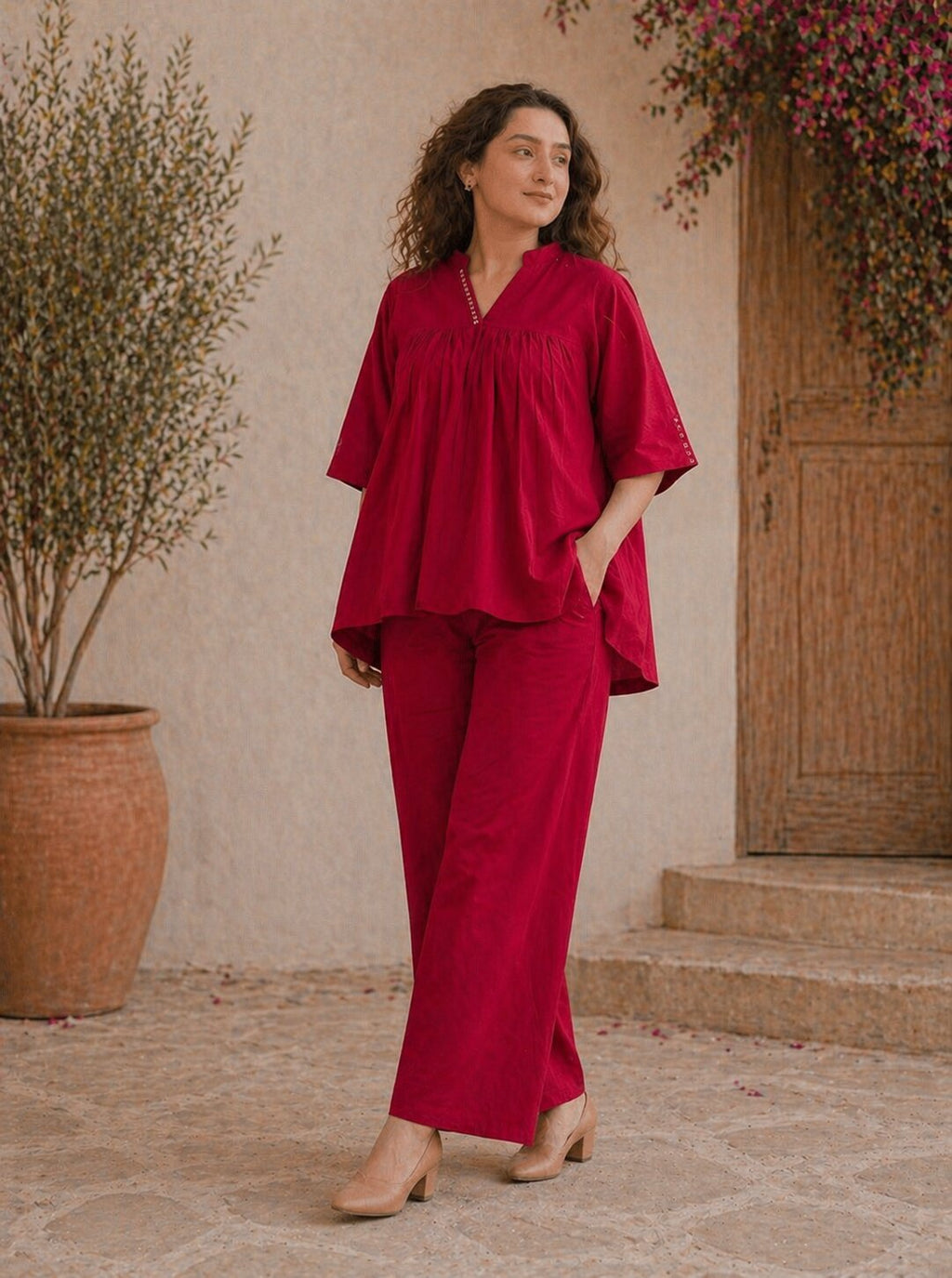 Romantic Florals Cotton Solid Top with Trousers