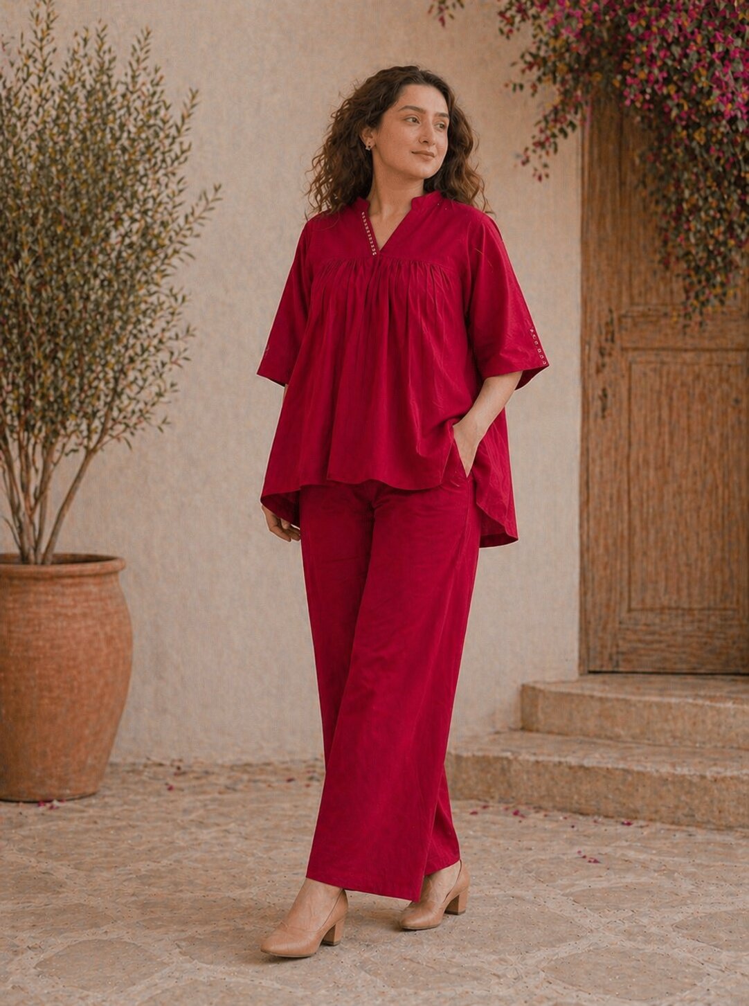 Romantic Florals Cotton Solid Top with Trousers