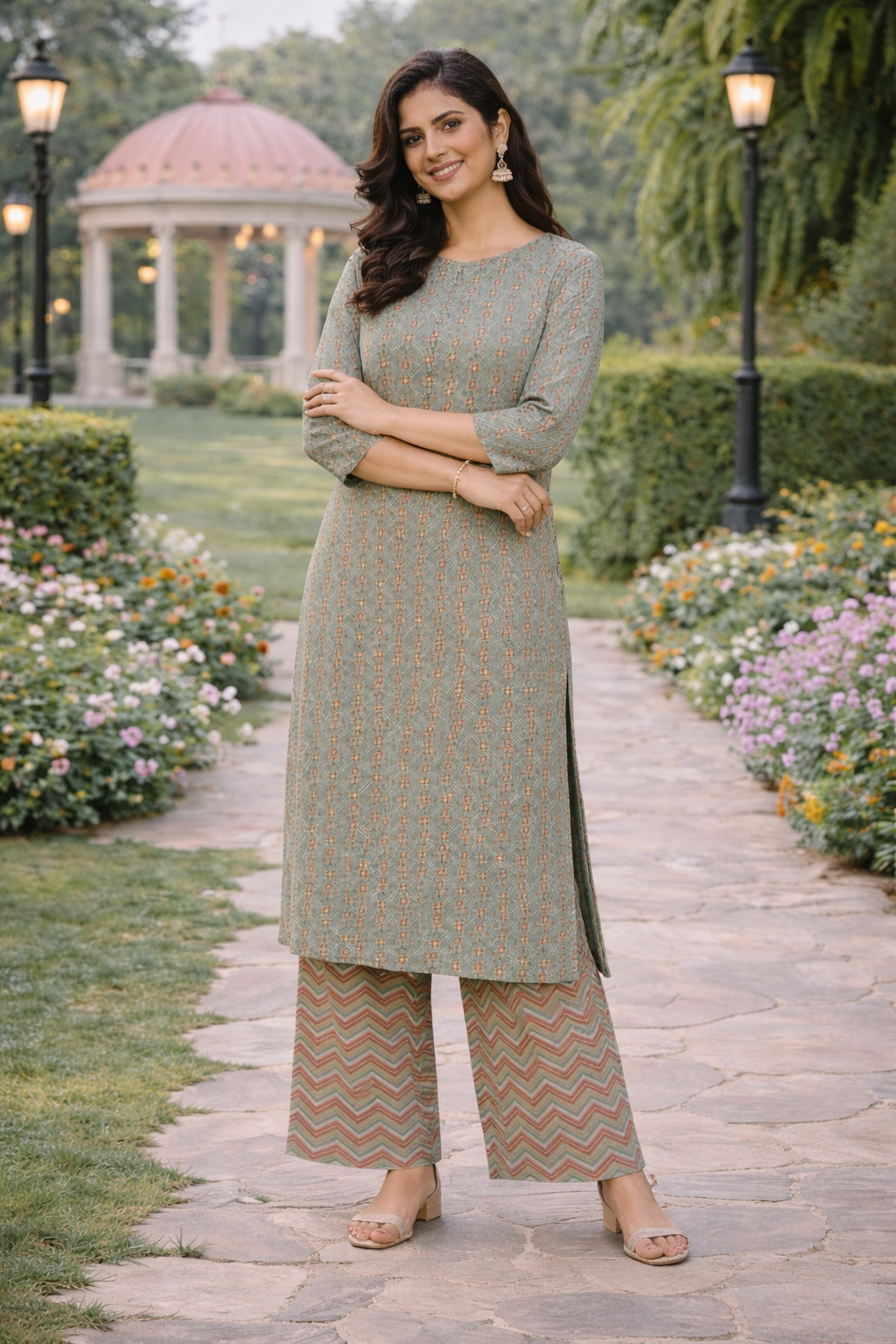 Muslin Printed Straight Kurta Pant Set - Mint Green
