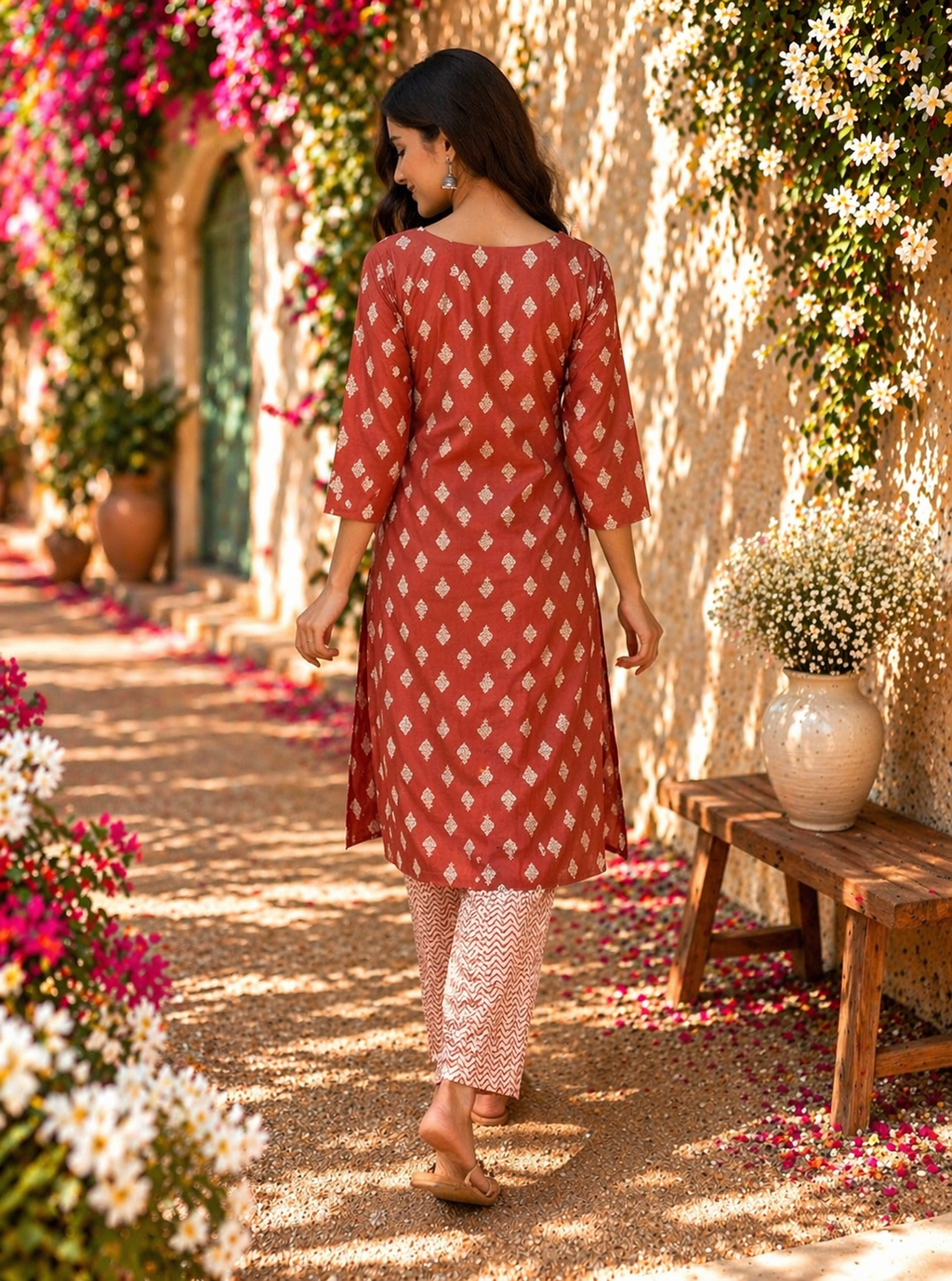 Rayon Printed Straight Kurta Pant Set- Marron