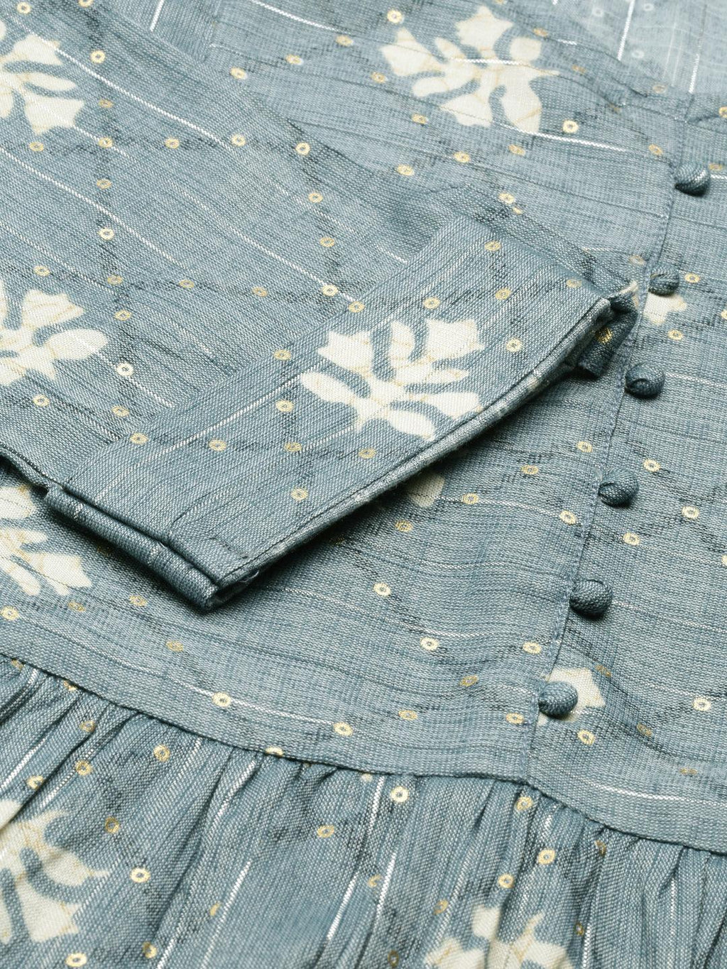 closeup image of the design of the new Indigo Colored Printed Viscose Rayon Kurta for women from samhitas apparel