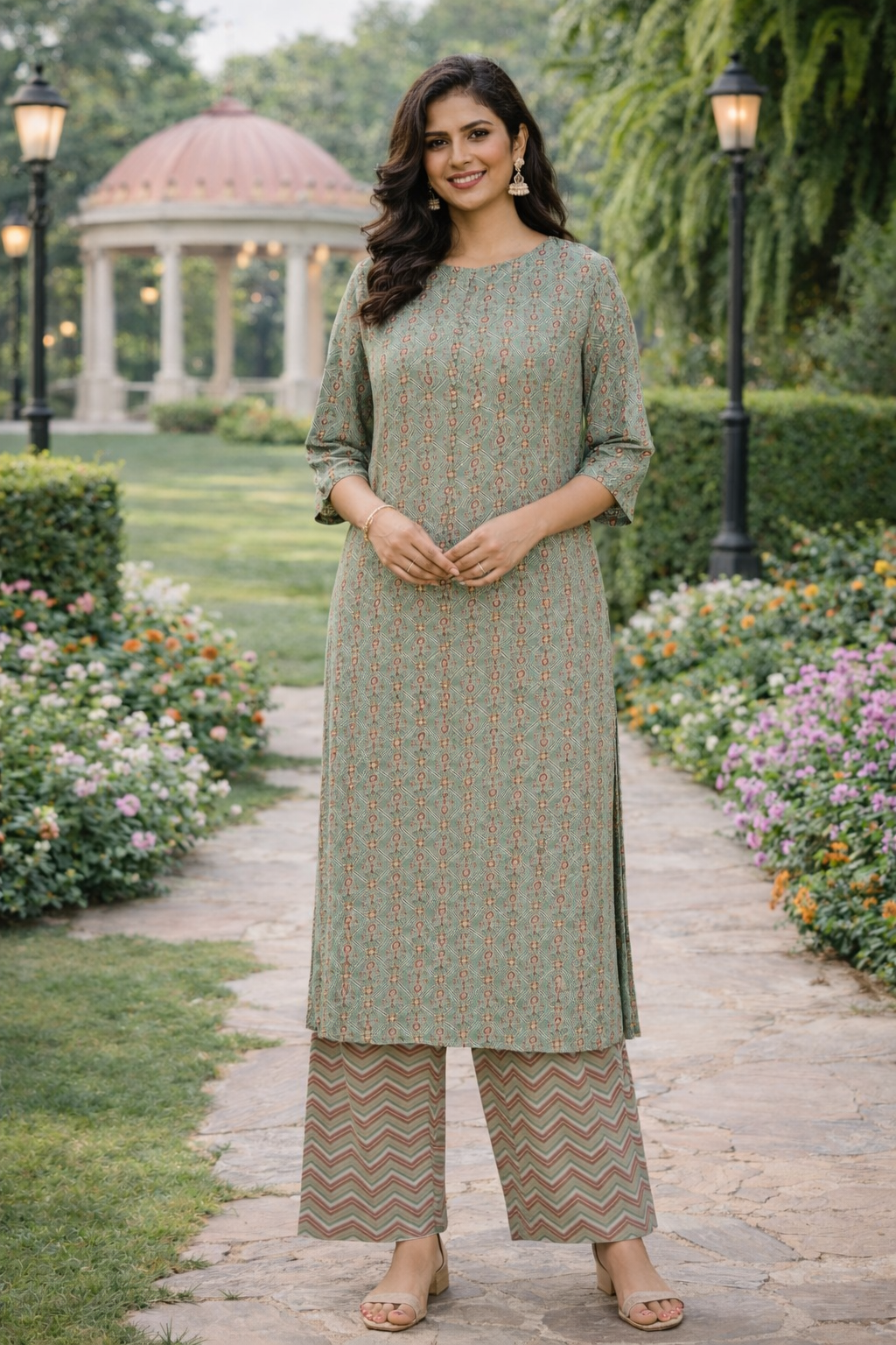 Muslin Printed Straight Kurta Pant Set - Mint Green