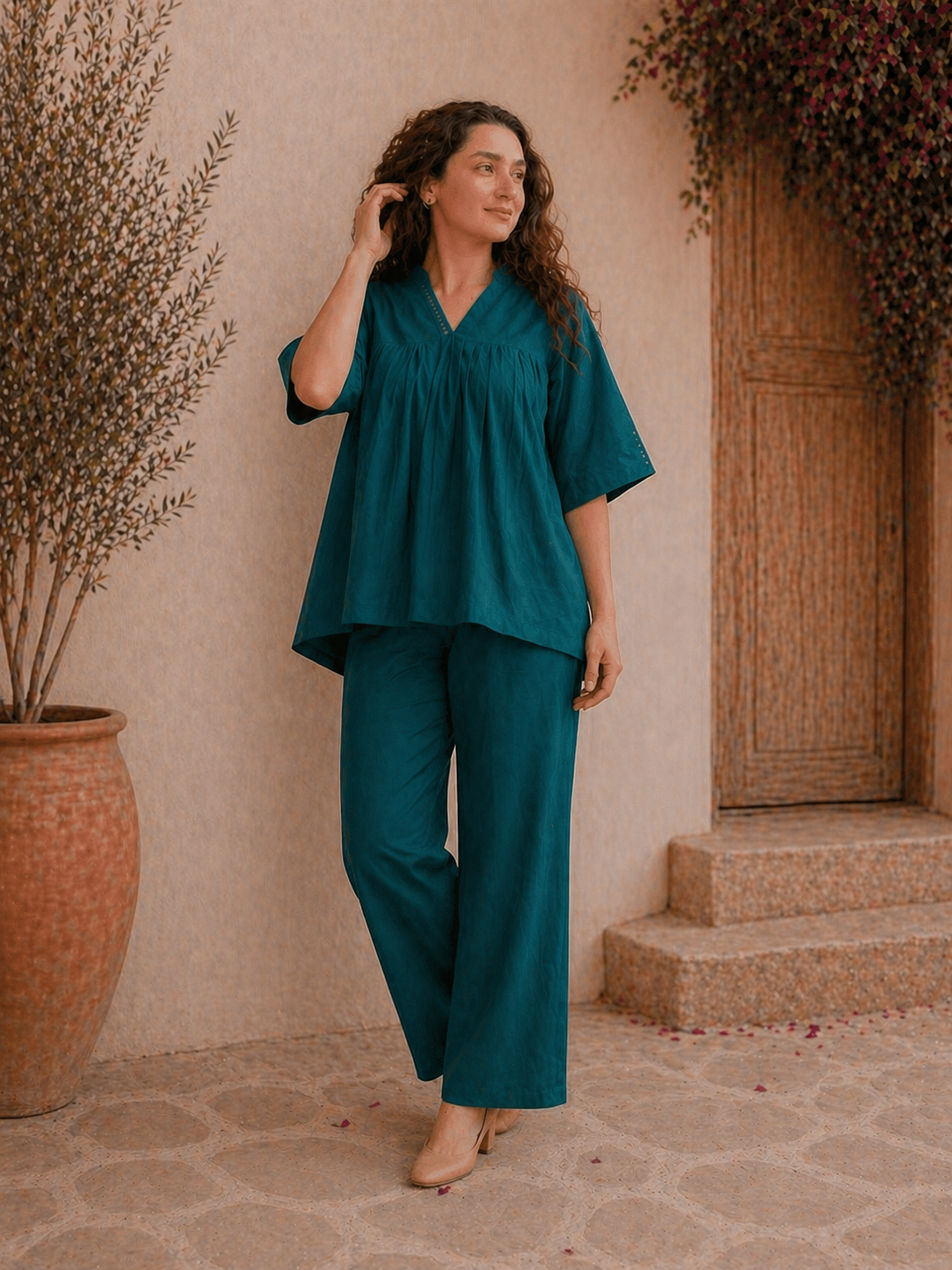 Teal Blue Cotton Gathered Tunic & Straight Pant Co-ord Set