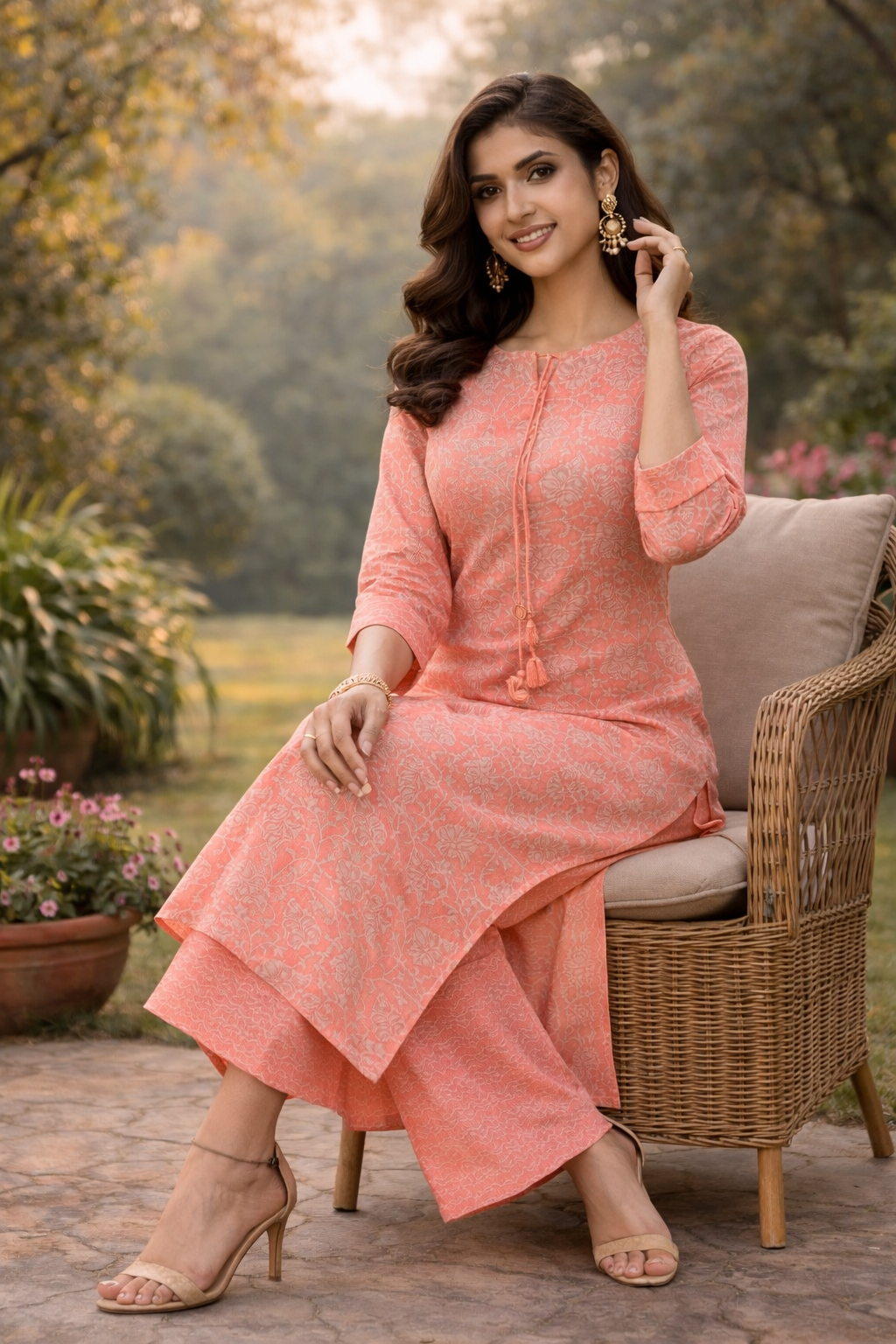 Muslin Printed Straight Kurta Pant Set -Light Orange