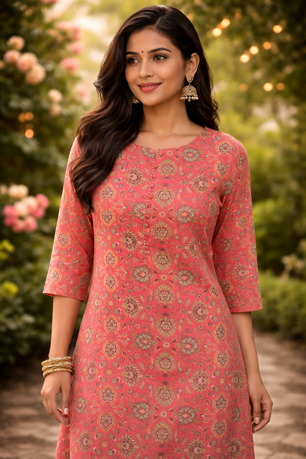 Rayon Printed Straight Kurta Pant Set- Kalki Rust Orange