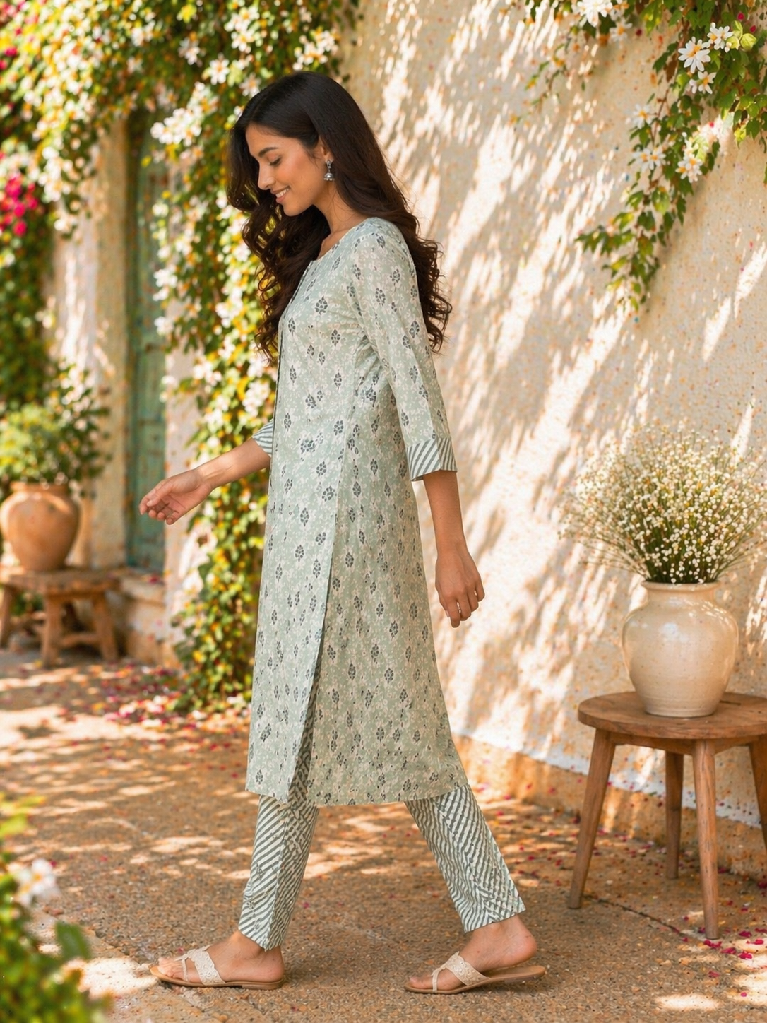 Rayon Printed Straight Kurta Pant Set- Light Grey