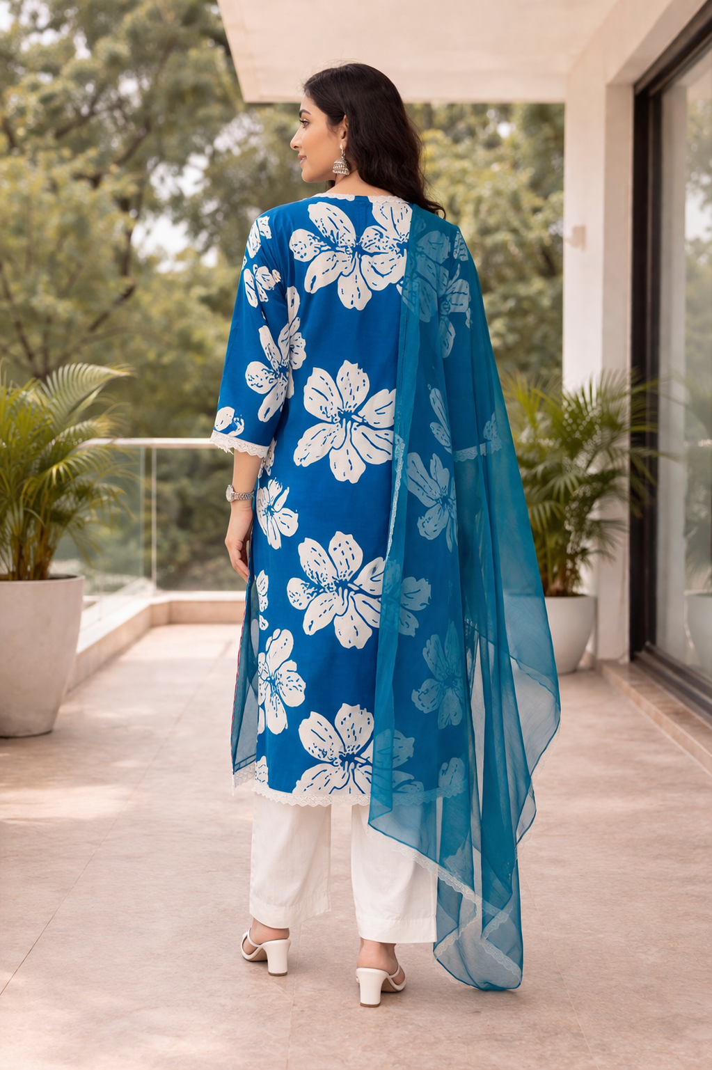 Cotton Flex Printed Kurta Set with Dupatta -Royal Blue