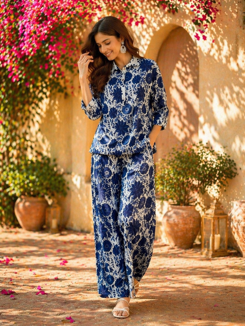 Casual Blue Color Printed Cotton Cord Set