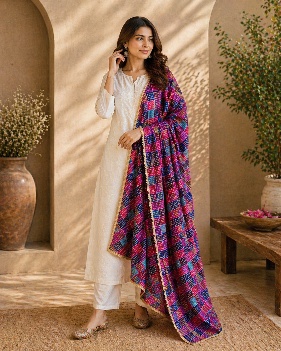 Multicolor Printed Dupatta with Golden Border