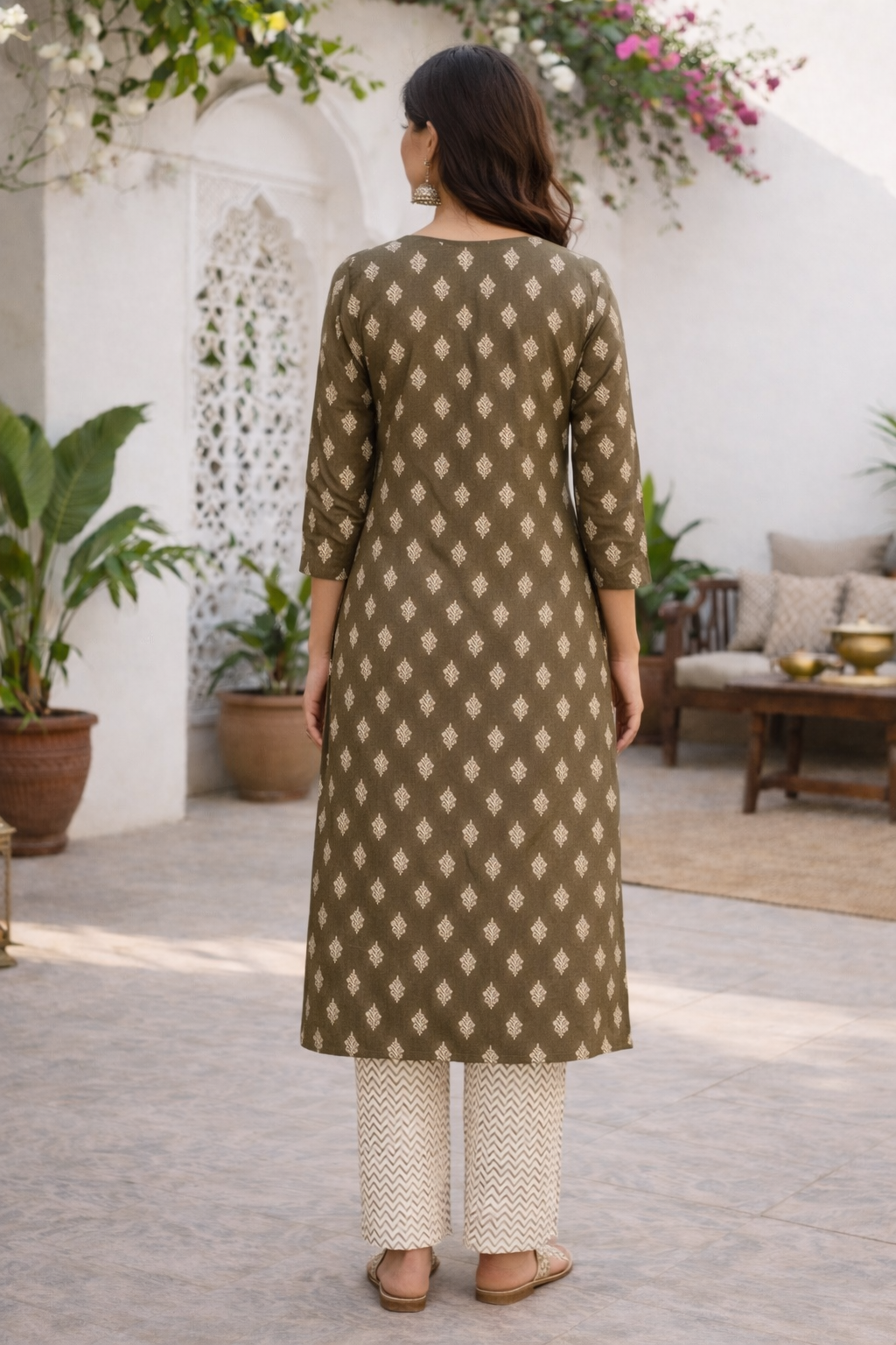 Women's Olive Floral Print Straight Kurta Set
