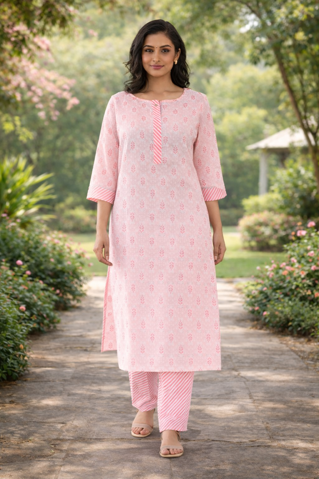 Rayon Printed Straight Kurta Pant Set- Light Pink