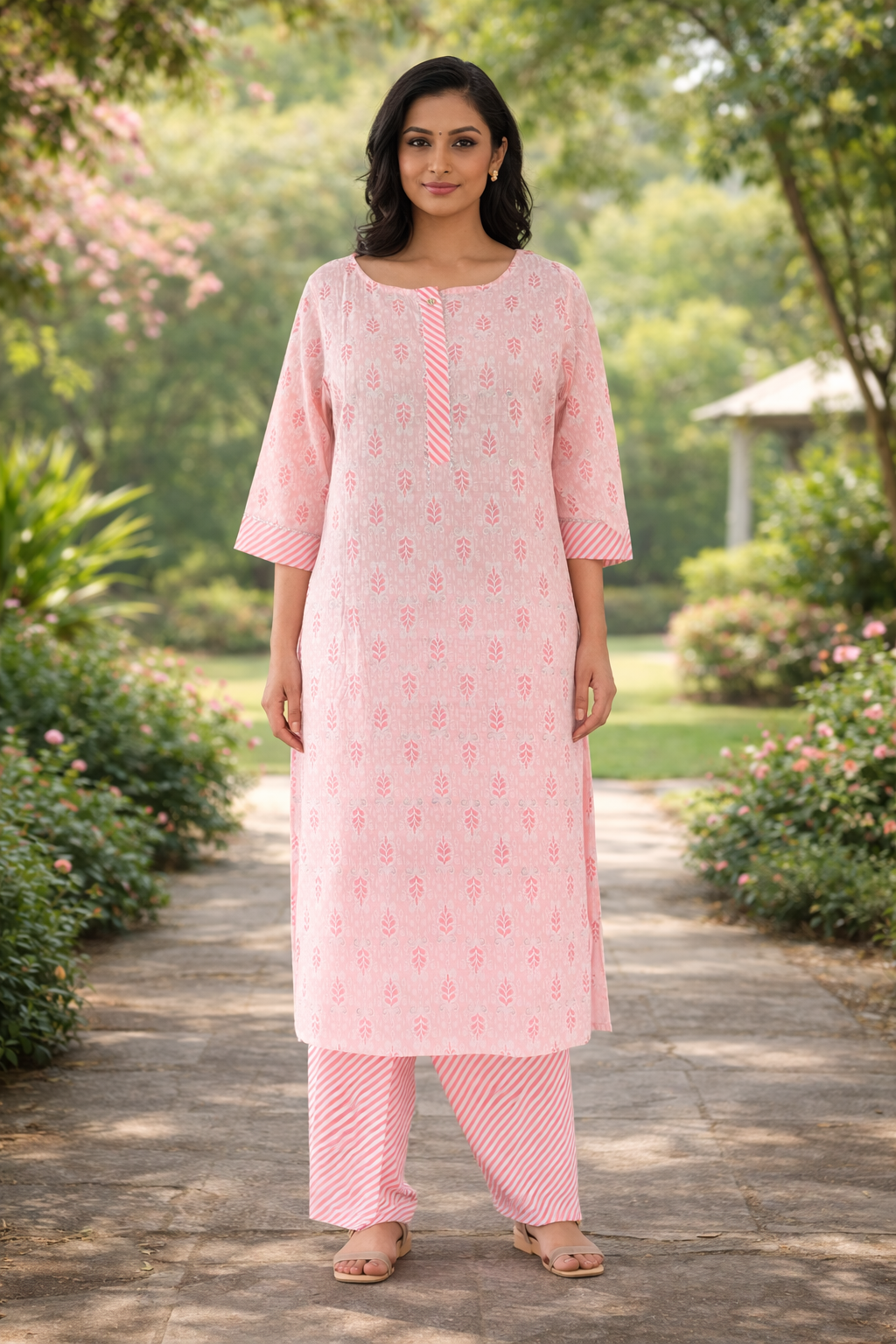 Rayon Printed Straight Kurta Pant Set- Light Pink