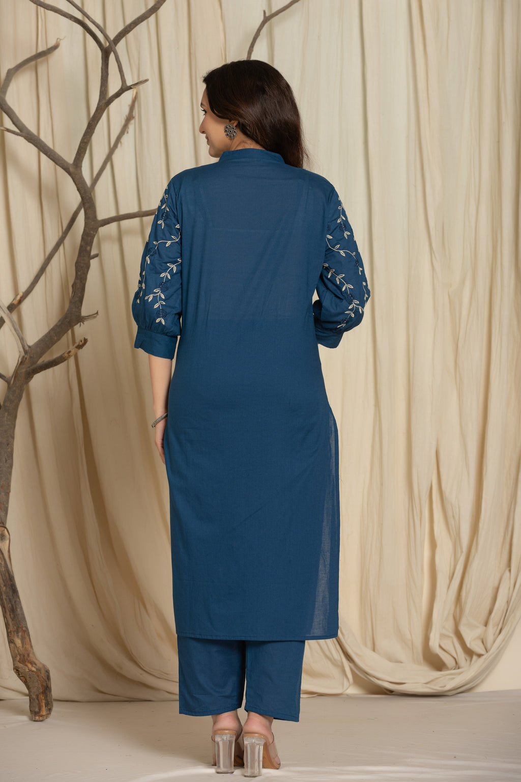 Dark Blue Cotton kurti Set with Embroidery & Pintex Detailing