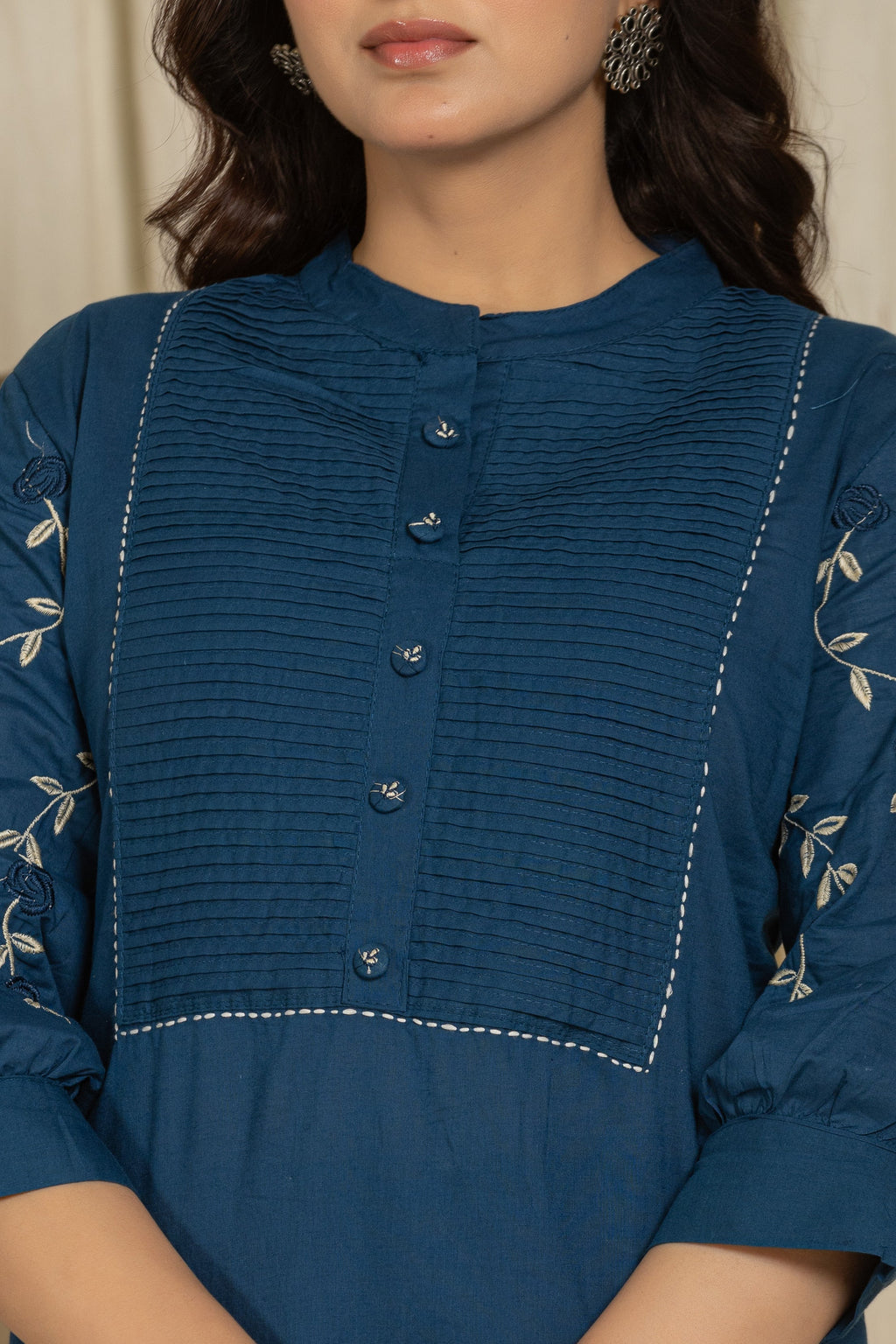 Dark Blue Cotton kurti Set with Embroidery & Pintex Detailing