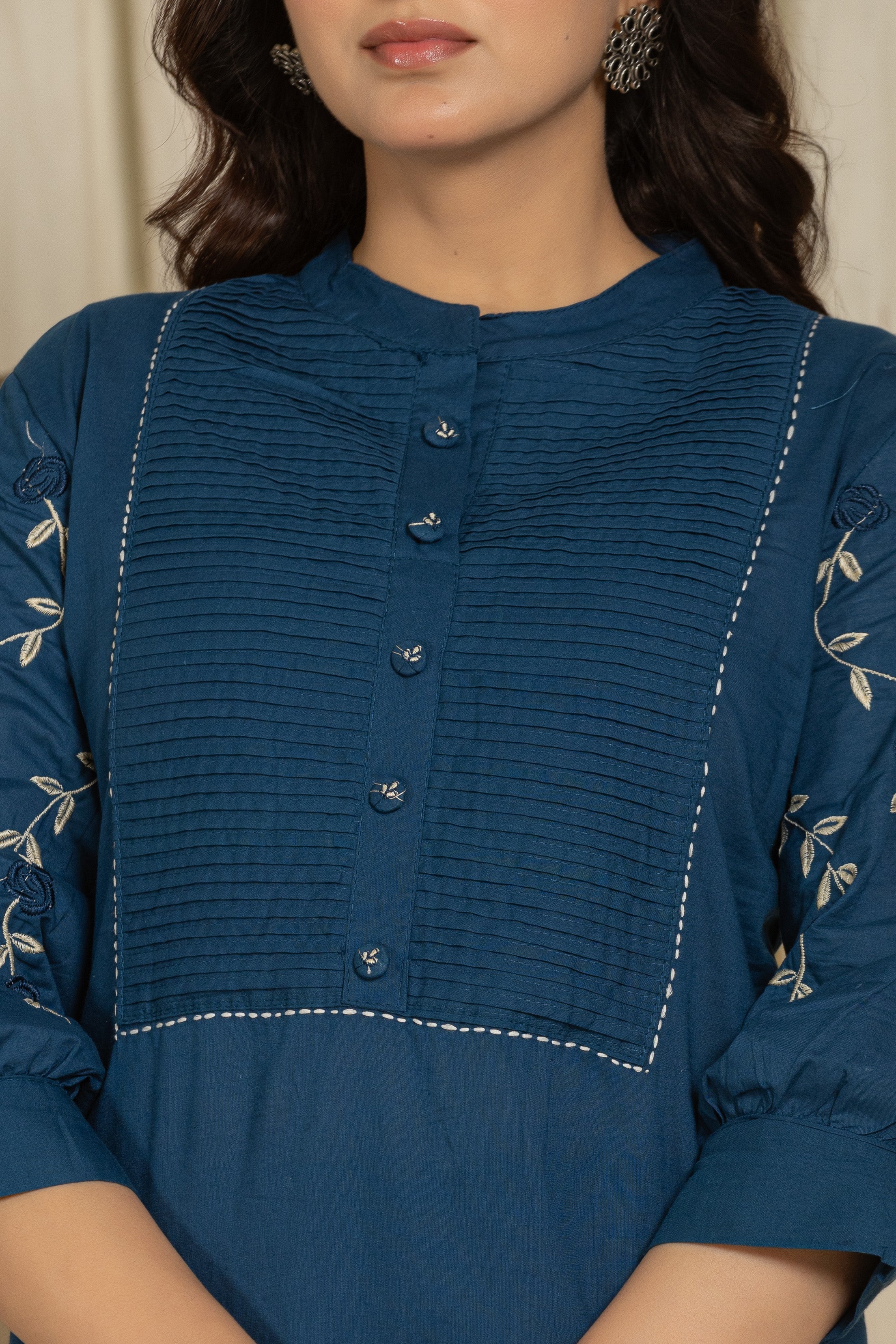 Dark Blue Cotton kurti Set with Embroidery & Pintex Detailing
