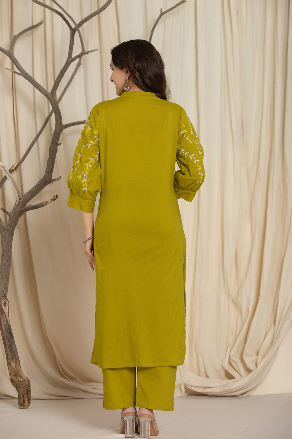 Green Cotton kurti Set with Embroidery & Pintex Detailing