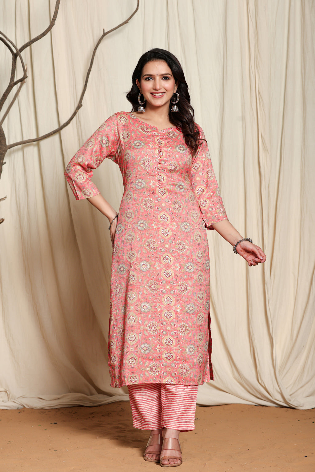 Rayon Printed Straight Kurta Pant Set- Kalki Rust Orange