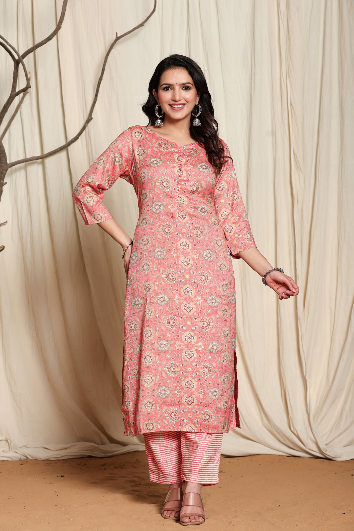 Rayon Printed Straight Kurta Pant Set- Kalki Rust Orange