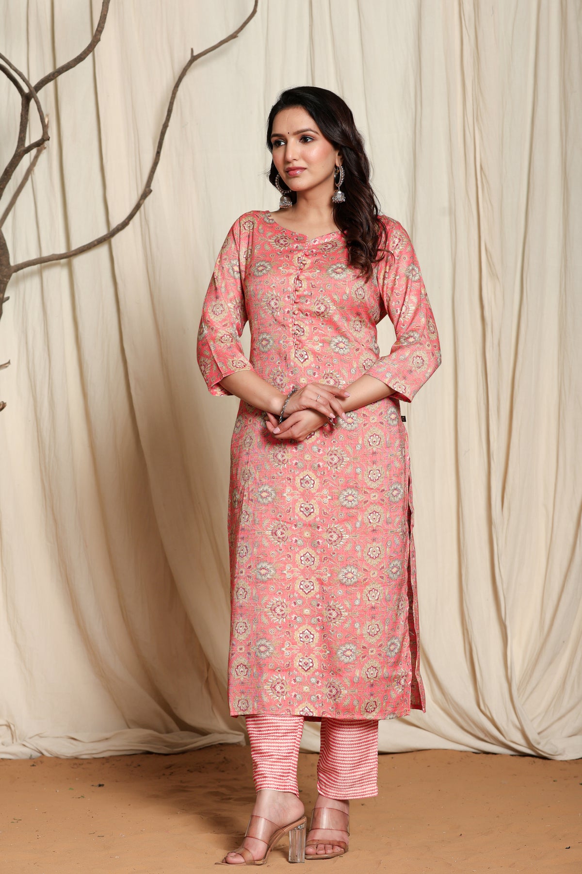 Rayon Printed Straight Kurta Pant Set- Kalki Rust Orange