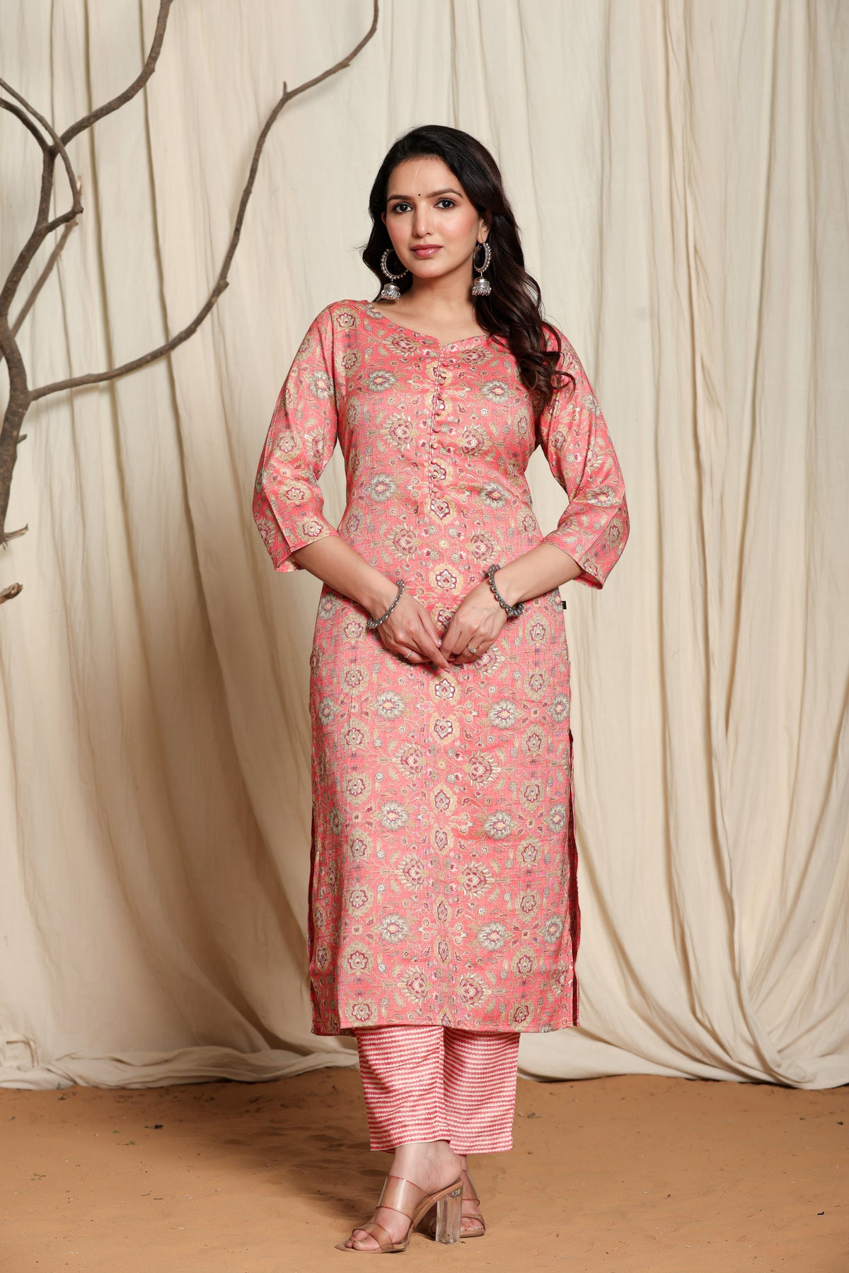 Rayon Printed Straight Kurta Pant Set- Kalki Rust Orange