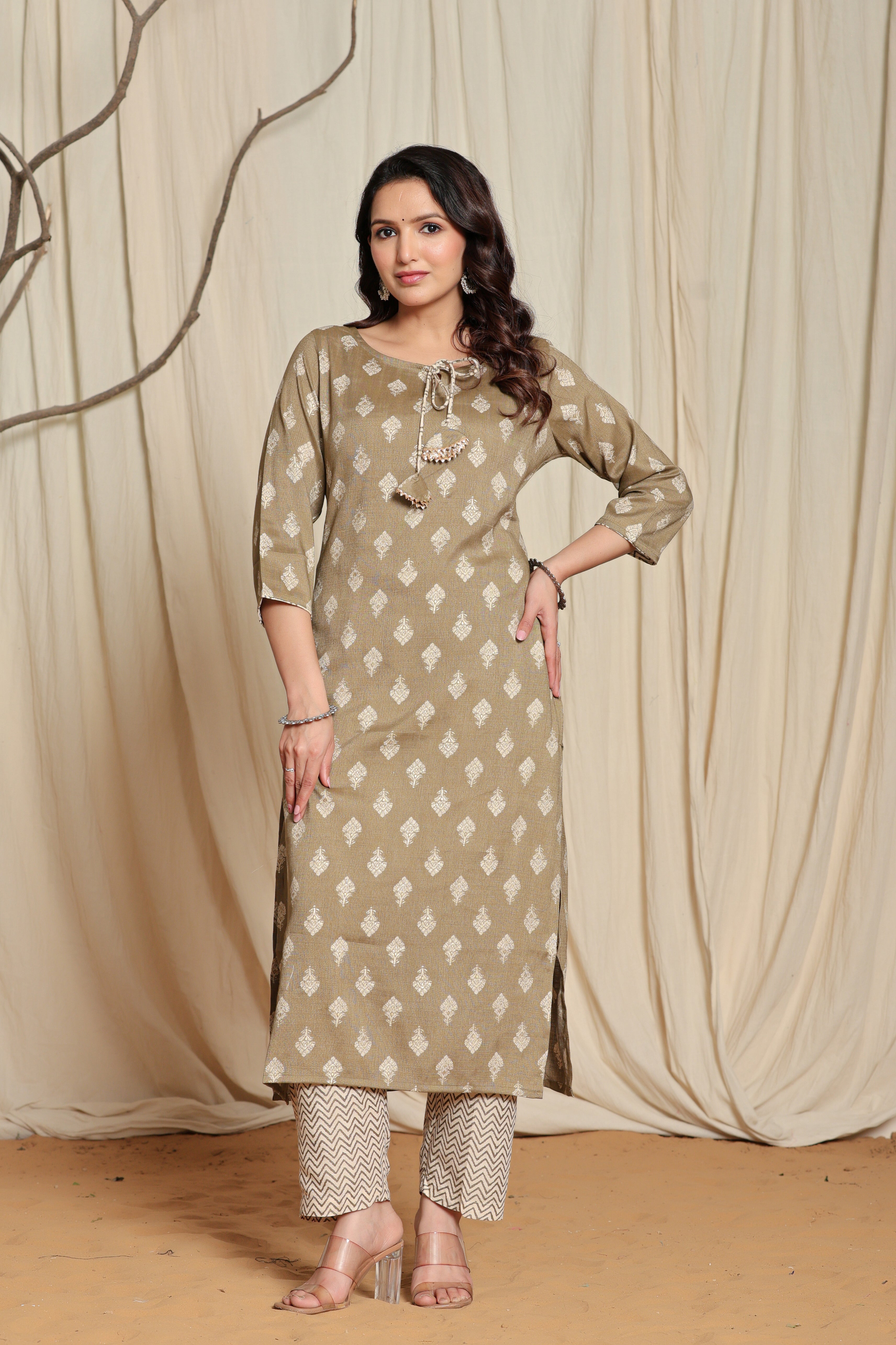 Women's Olive Floral Print Straight Kurta