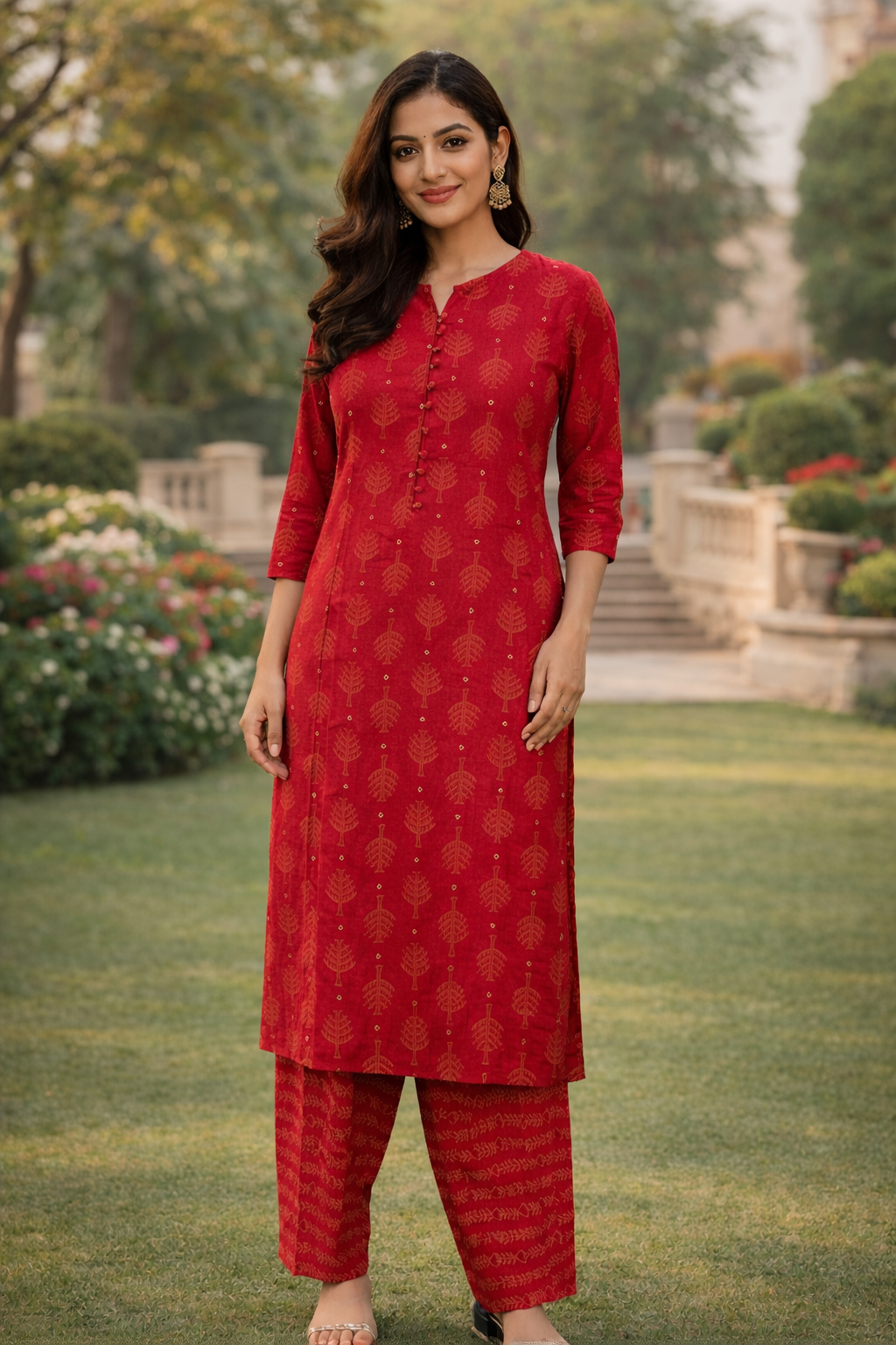 Muslin Printed Straight Kurta Pant Set -Maroon