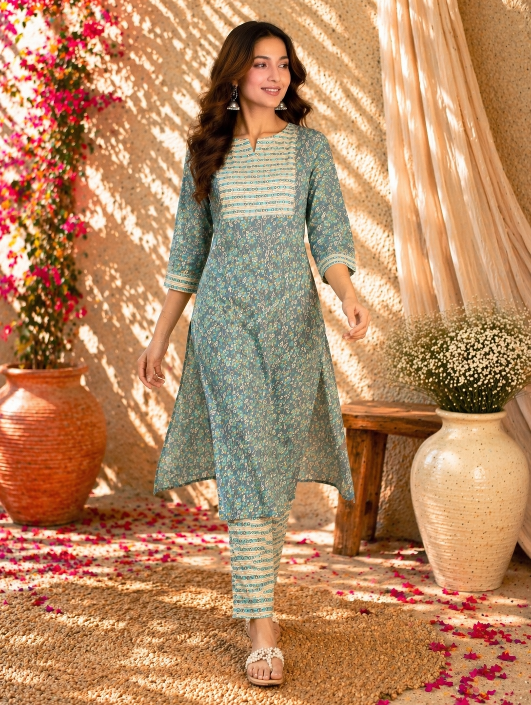 Rayon Printed Straight Kurta Pant Set- Ice Blue