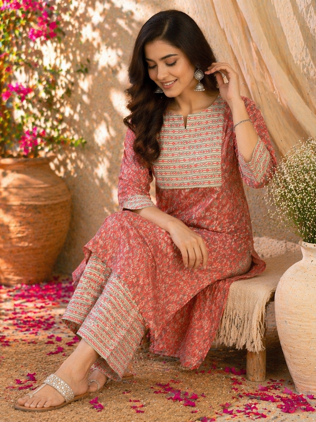 Rayon Printed Straight Kurta Pant Set- Peach