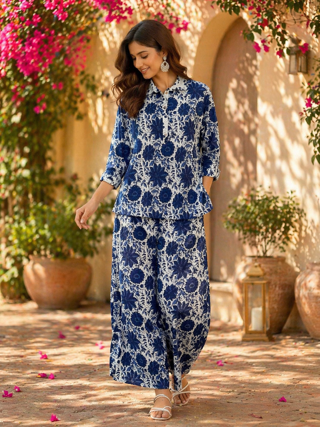 Casual Blue Color Printed Cotton Cord Set