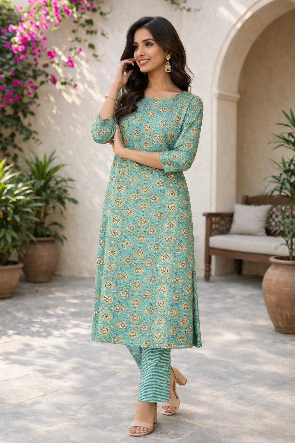 Rayon Printed Straight Kurta Pant Set- Kalki Rama Green