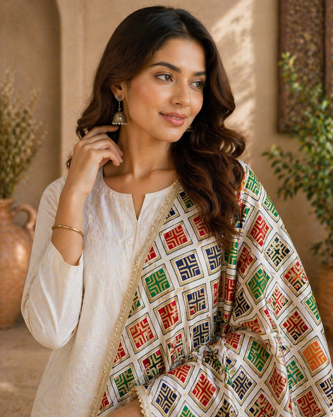 Women's Off-White Multicolor Geometric Printed Dupatta