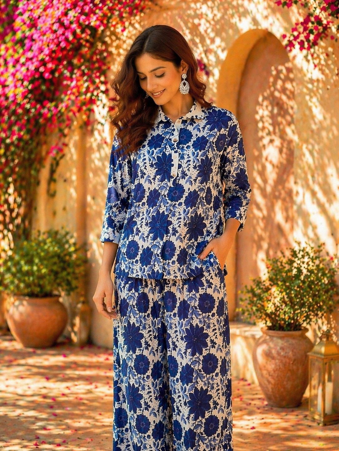 Casual Blue Color Printed Cotton Cord Set