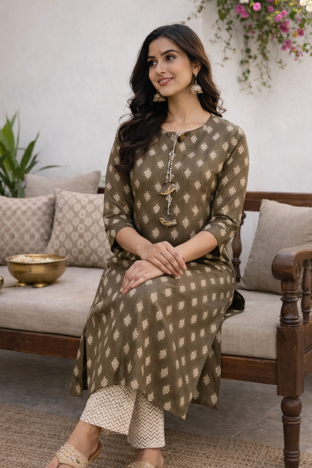 Women's Olive Floral Print Straight Kurta Set