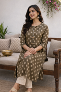 Women's Olive Floral Print Straight Kurta Set