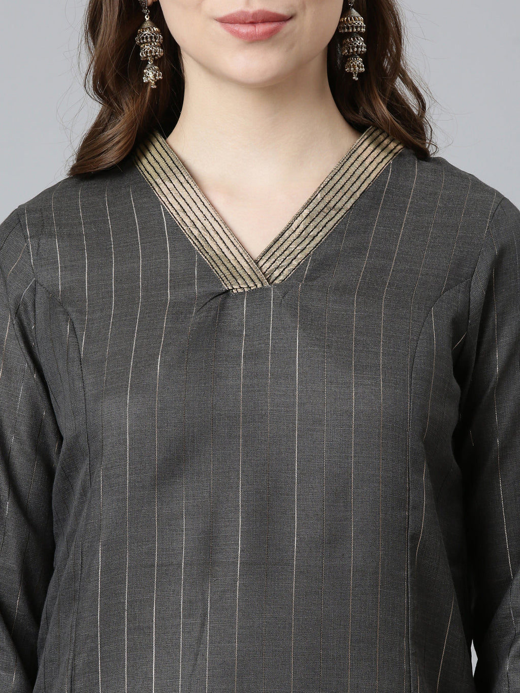 closeup view of Black Lurex Straight Cotton Kurtis For Women With Pants from samhitas apparel