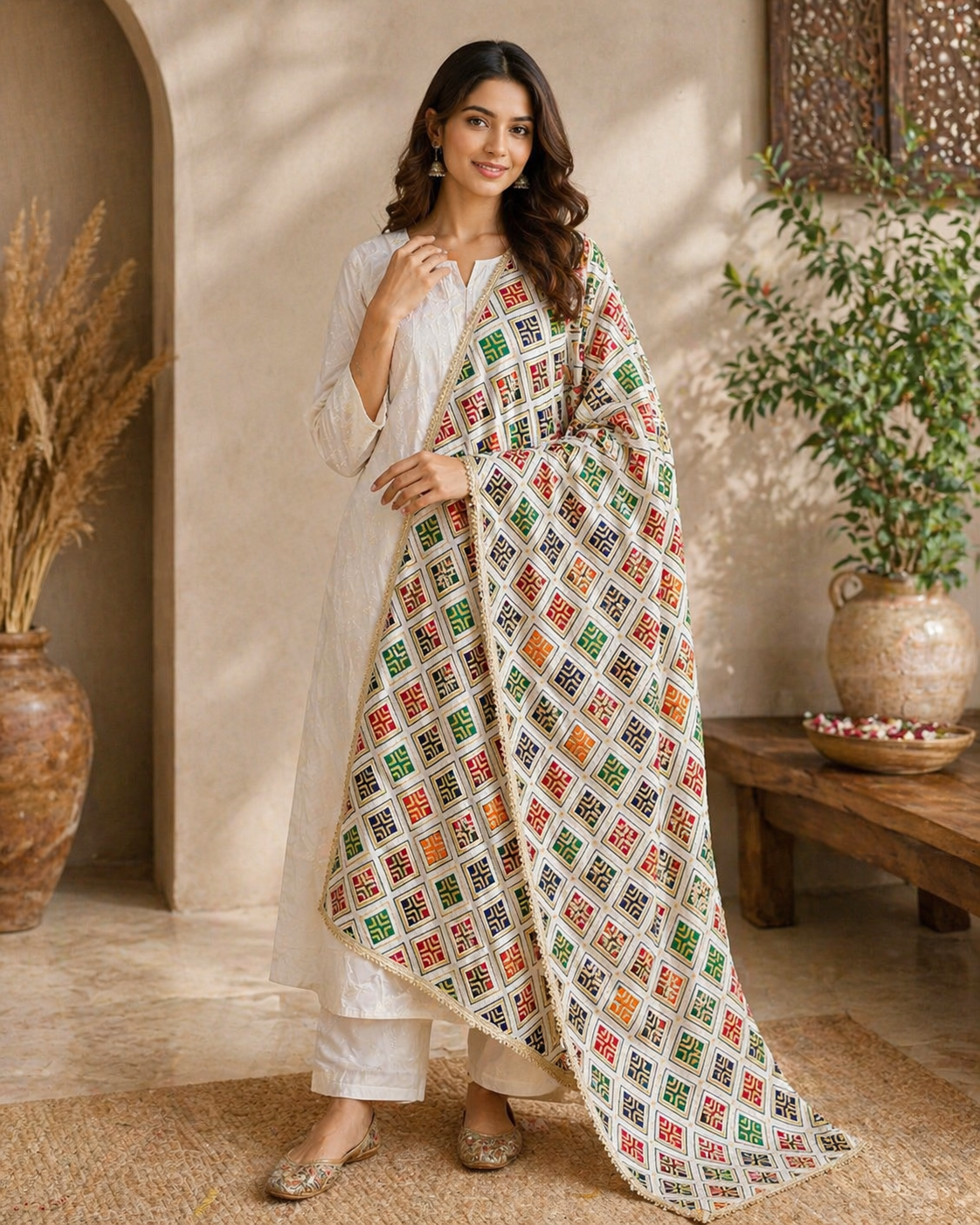 Women's Off-White Multicolor Geometric Printed Dupatta