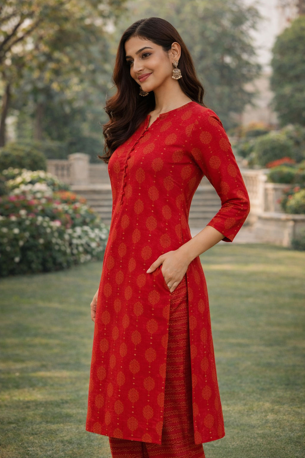 Muslin Printed Straight Kurta Pant Set -Maroon