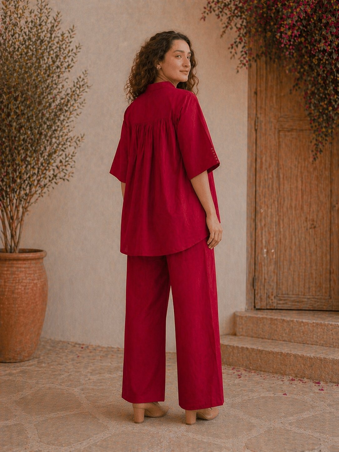 Romantic Florals Cotton Solid Top with Trousers