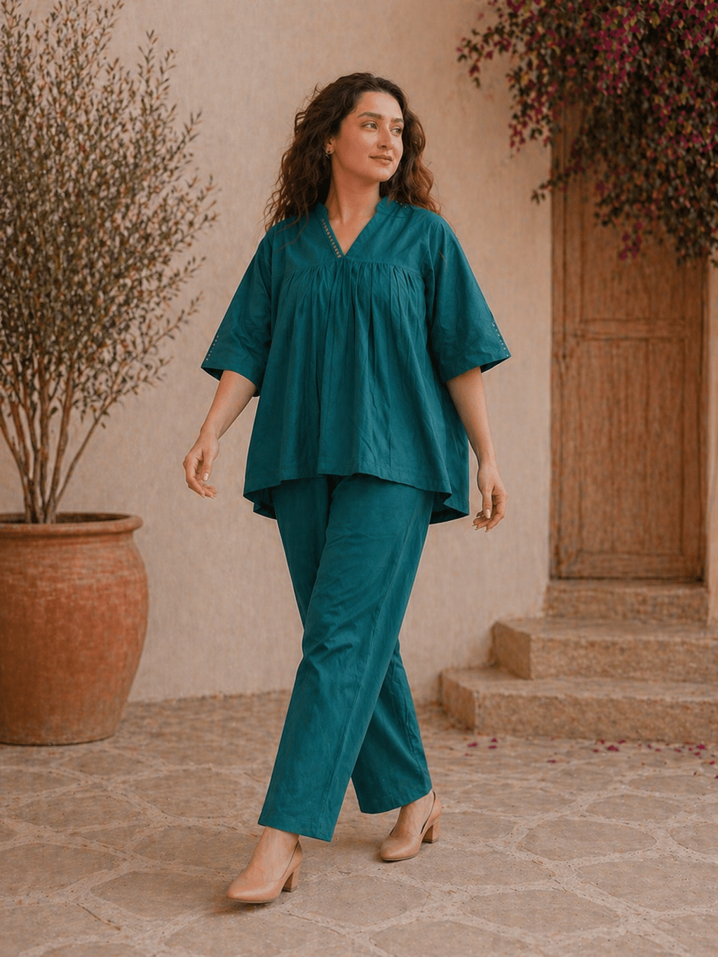 Teal Blue Cotton Gathered Tunic & Straight Pant Co-ord Set