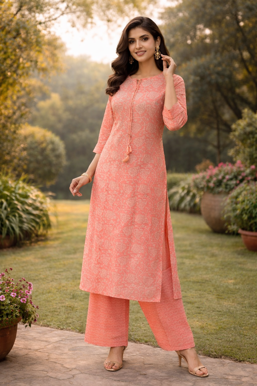 Muslin Printed Straight Kurta Pant Set -Light Orange