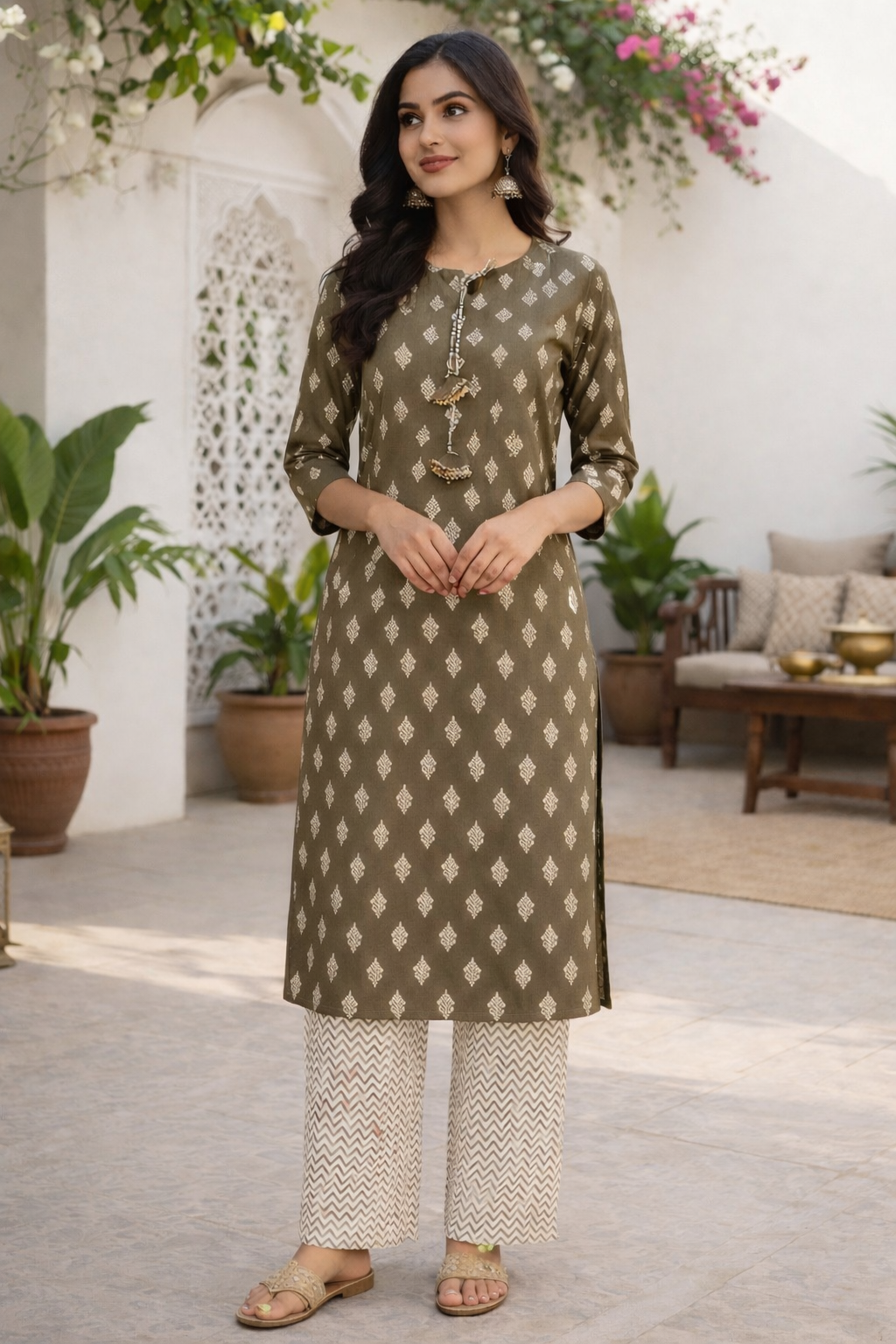 Women's Olive Floral Print Straight Kurta Set